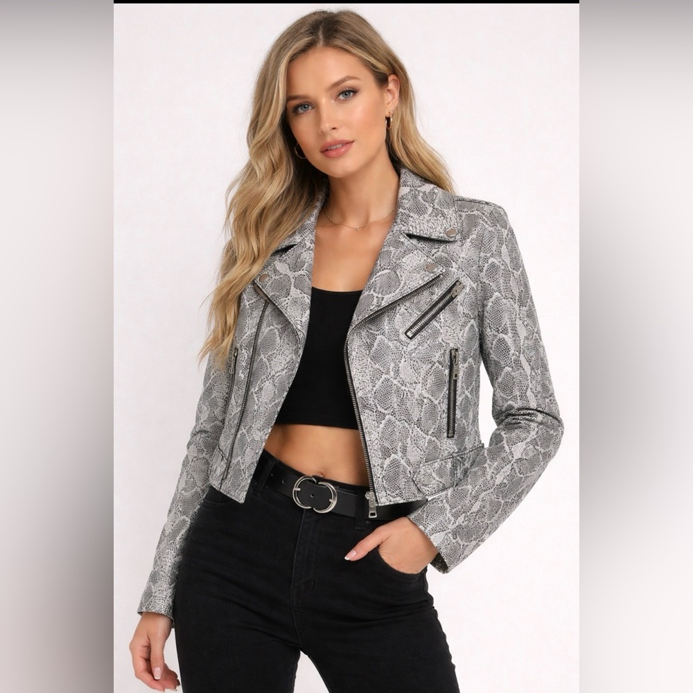Alice + Olivia Gray Snake Print Leather Jacket Size M